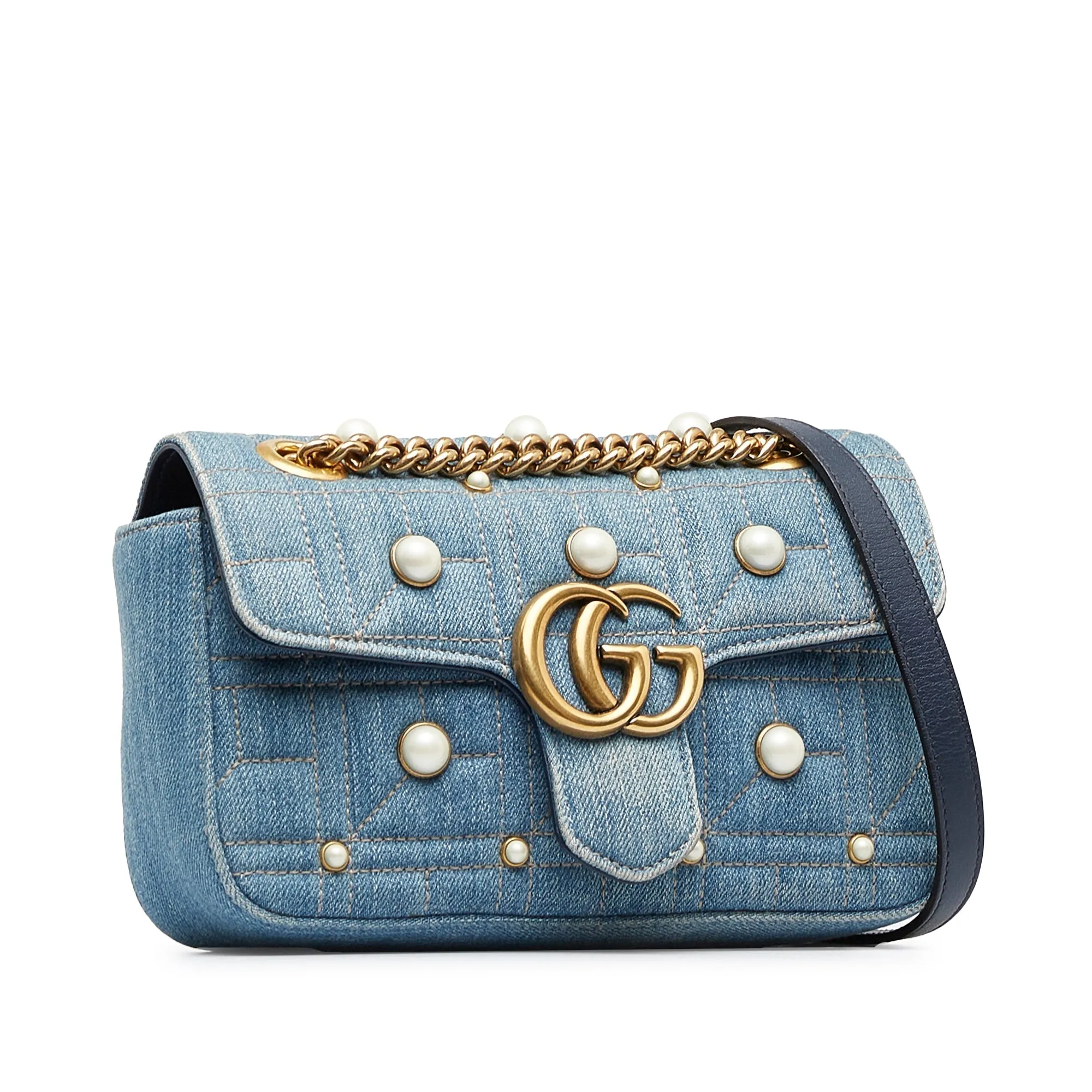 Gucci Pearly GG Marmont Mini Blue Denim Matelassé