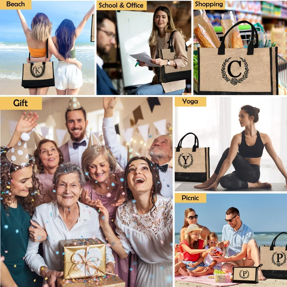 Initial Canvas Tote Bag Makeup Bag, Beach Bag with Zipper, Personalized Mothers Day Gifts for Mom Grandma