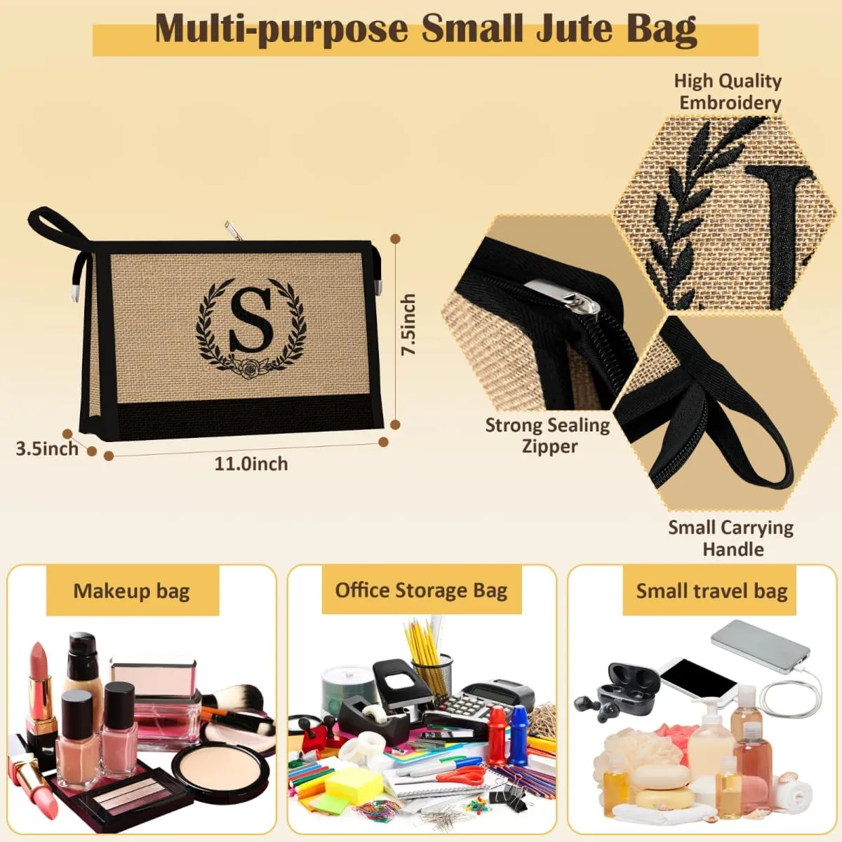 Initial Canvas Tote Bag Makeup Bag, Beach Bag with Zipper, Personalized Mothers Day Gifts for Mom Grandma