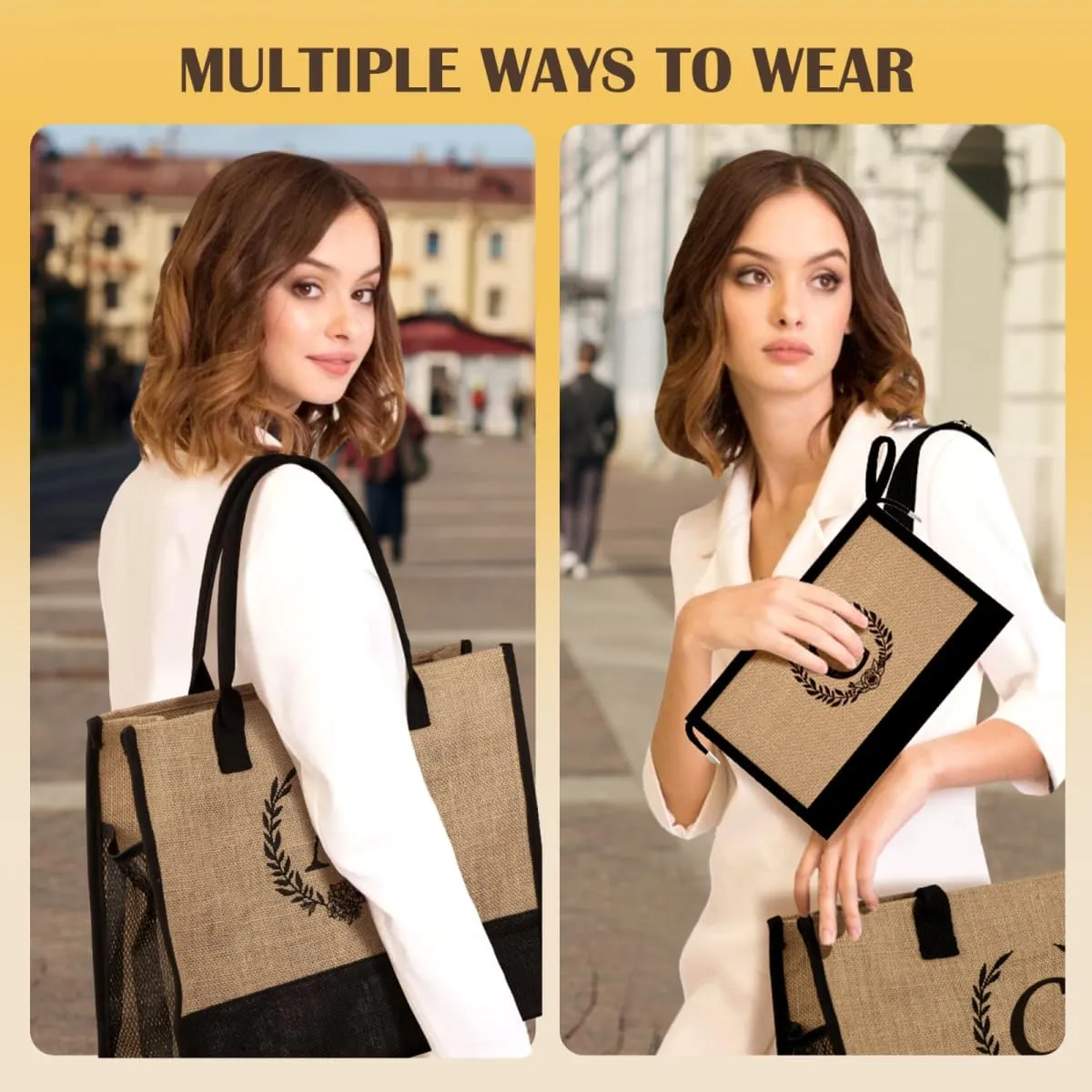Initial Canvas Tote Bag Makeup Bag, Beach Bag with Zipper, Personalized Mothers Day Gifts for Mom Grandma