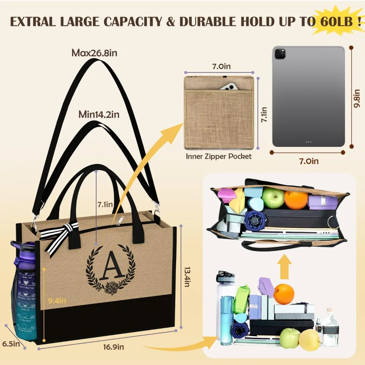 Initial Canvas Tote Bag Makeup Bag, Beach Bag with Zipper, Personalized Mothers Day Gifts for Mom Grandma