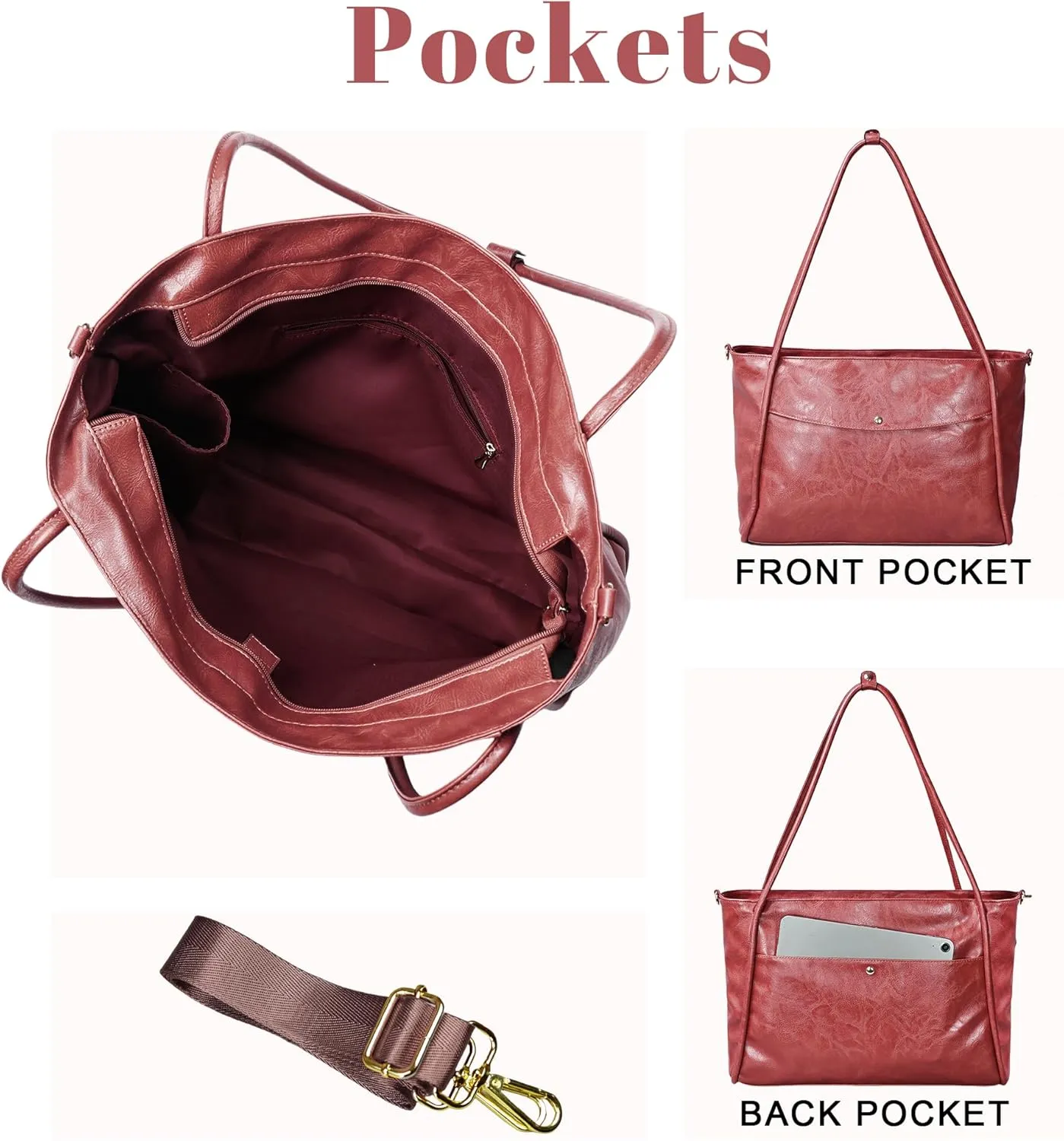 Large Tote Bag for Women Work with Zipper Vegan Leather Shoulder Bags Travel Purses and Handbags Weekender Bags
