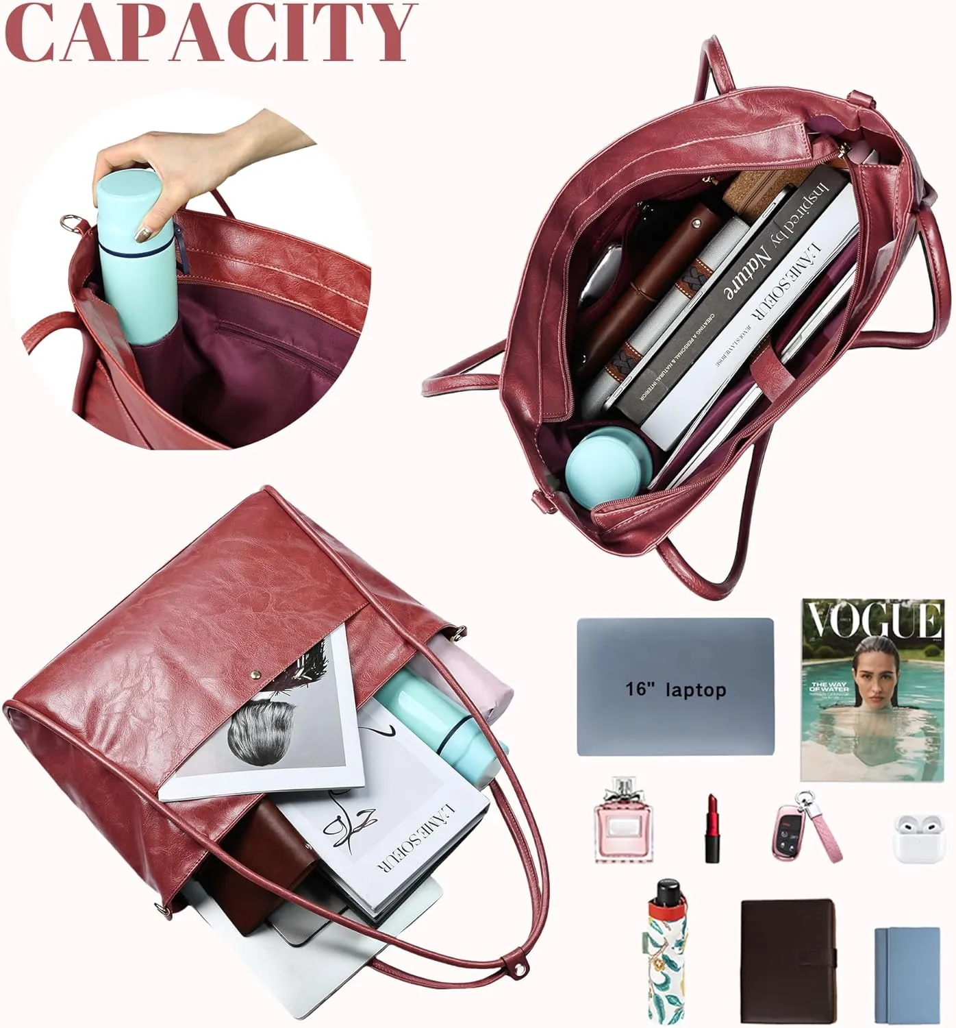 Large Tote Bag for Women Work with Zipper Vegan Leather Shoulder Bags Travel Purses and Handbags Weekender Bags