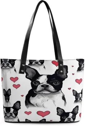 Leather Lady's Handbag,Boston Terrier Red Heart Dog Print Shoulder Bag,Tote Bags for Women, Shoulder Purses,Work Handbags