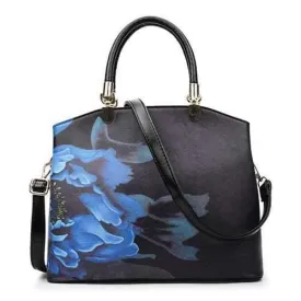 Metal Detail Flower Printed Handbag - Black