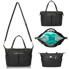 MOMINSIDE Small Leather Diaper Purse, Mini Crossbody Bag with 13 Pockets, Diaper Clutch for Women Mom, 2 Insulated Pockets (Black)