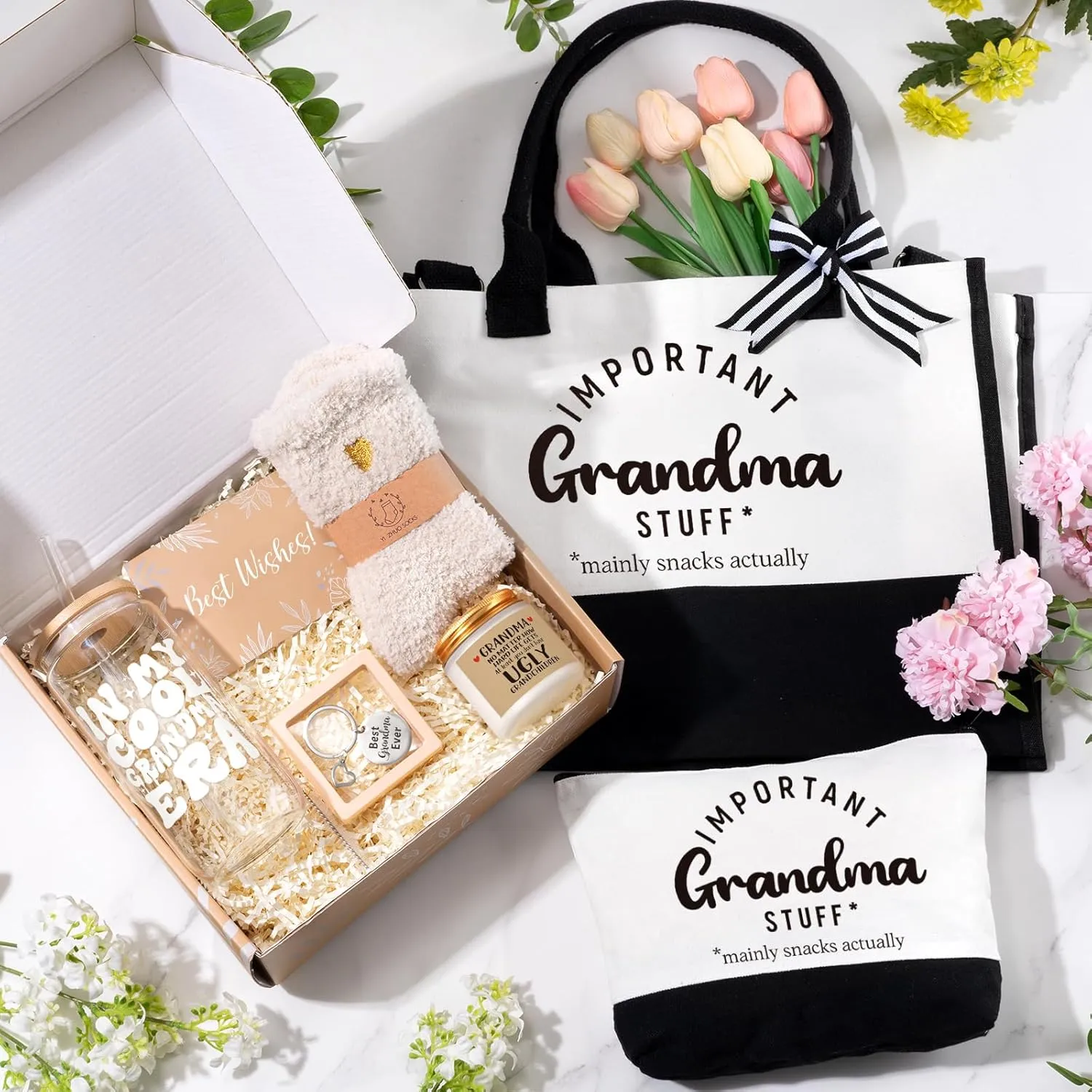 Mothers Day Gifts for Grandma, Birthday Gifts for Grandma, 16 Oz Glass Cup Tote Bag Makeup Bag Gift Basket from Granddaughter Grandson, Christmas Thanksgiving Ideas for Grandmother