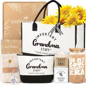 Mothers Day Gifts for Grandma, Birthday Gifts for Grandma, 16 Oz Glass Cup Tote Bag Makeup Bag Gift Basket from Granddaughter Grandson, Christmas Thanksgiving Ideas for Grandmother