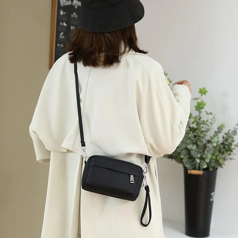 Multi-Zipper Crossbody Handbag Purse, Women's Nylon Wristlet Mini Crossbody Bag Clutch with 2 Straps