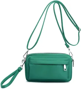 Multi-Zipper Crossbody Handbag Purse, Women's Nylon Wristlet Mini Crossbody Bag Clutch with 2 Straps