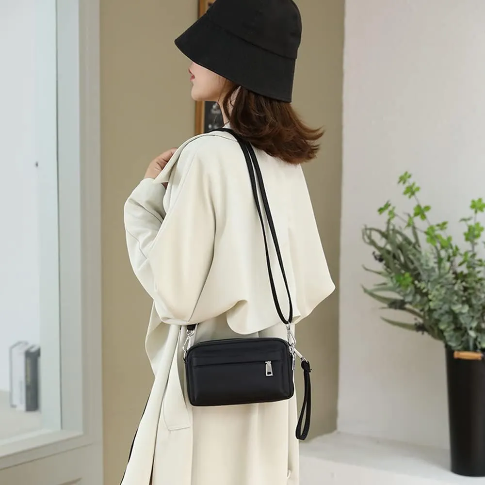 Multi-Zipper Crossbody Handbag Purse, Women's Nylon Wristlet Mini Crossbody Bag Clutch with 2 Straps
