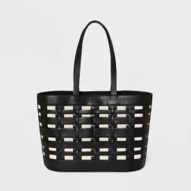 New - Basket Weave Woven Tote Handbag - A New Day Black