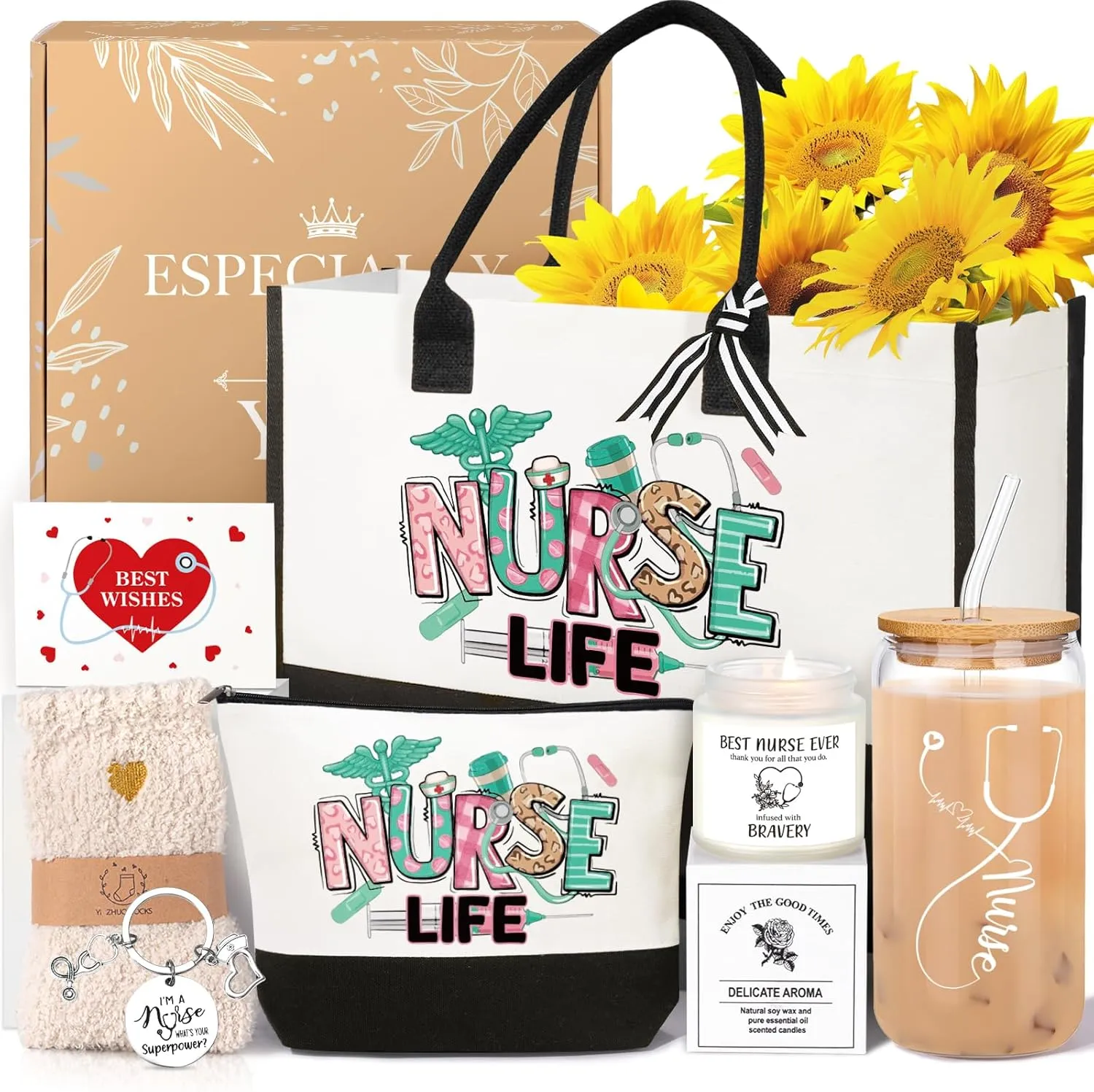 Nurse Gifts for Women 2025, Nurse Appreciation Gifts Nurses Week Set, Nursing Student Graduation Birthday Gift Baskets, Funny Nurses Canvas Tote Bag Tumbler Keychain Socks Thank You Gift for Women