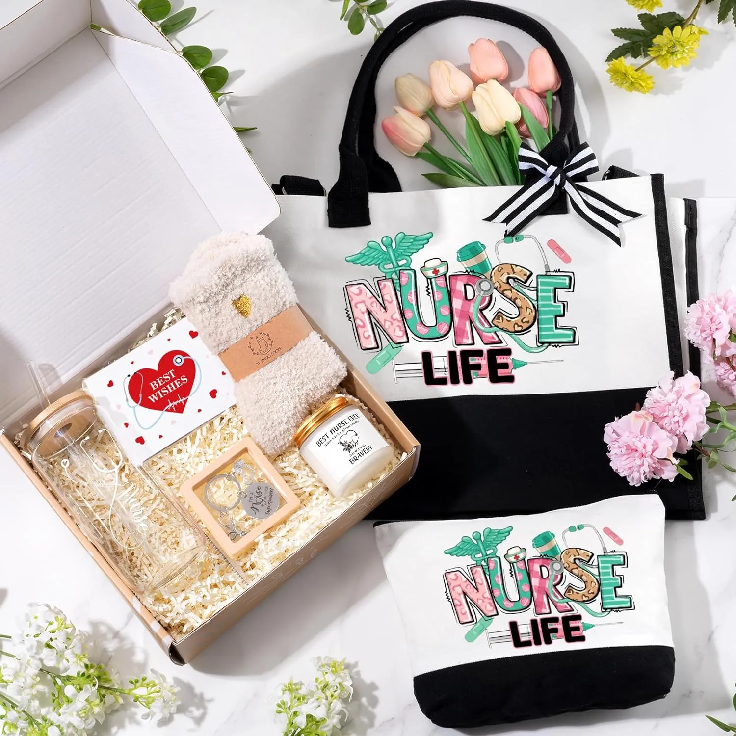Nurse Gifts for Women 2025, Nurse Appreciation Gifts Nurses Week Set, Nursing Student Graduation Birthday Gift Baskets, Funny Nurses Canvas Tote Bag Tumbler Keychain Socks Thank You Gift for Women
