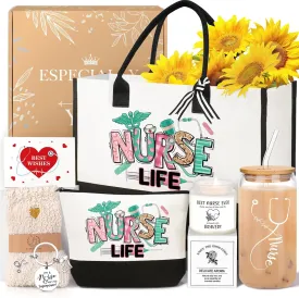 Nurse Gifts for Women 2025, Nurse Appreciation Gifts Nurses Week Set, Nursing Student Graduation Birthday Gift Baskets, Funny Nurses Canvas Tote Bag Tumbler Keychain Socks Thank You Gift for Women