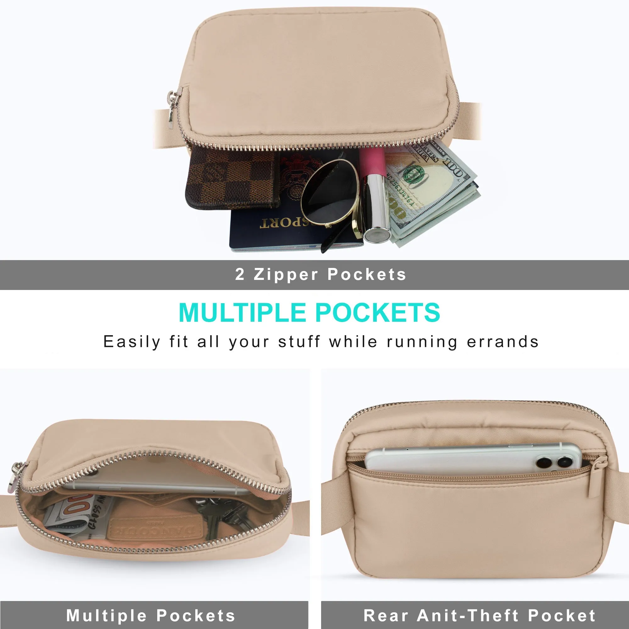Nylon Belt Bag - Beige Fanny Pack For Women - Crossbody Bag Waist Pack Bum Bag