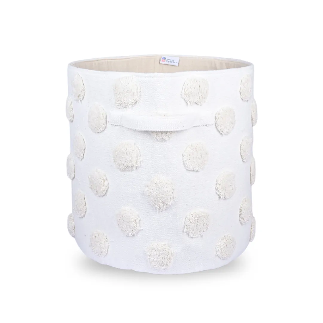 PomPom Large Round Beige Toy Storage Basket