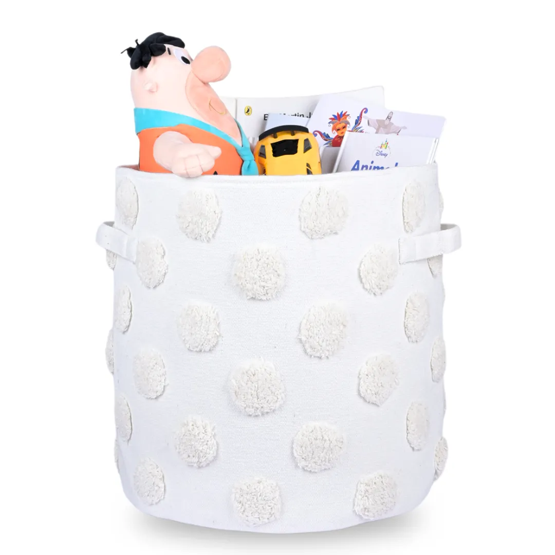 PomPom Large Round Beige Toy Storage Basket