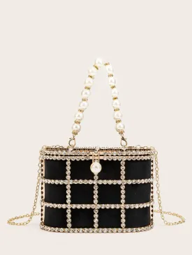 Rhinestone & Faux Pearl Decor Chain Clutch Bag