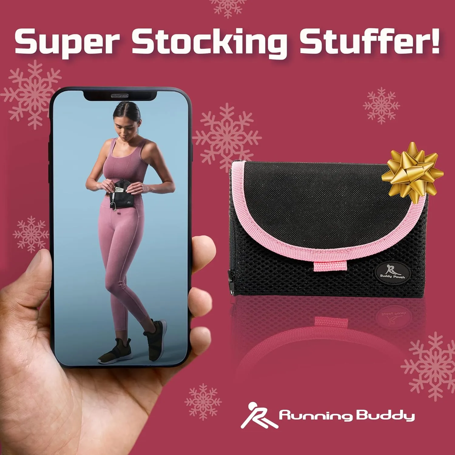 Running Buddy Magnetic Buddy Pouch, Beltess, Chafe and Bounce Free, Runners Fanny Pack, Phone Holder, Great for Running, Walking, Traveling & More, For Men & Women - 5-7/8" L x 4" W - Black and Pink