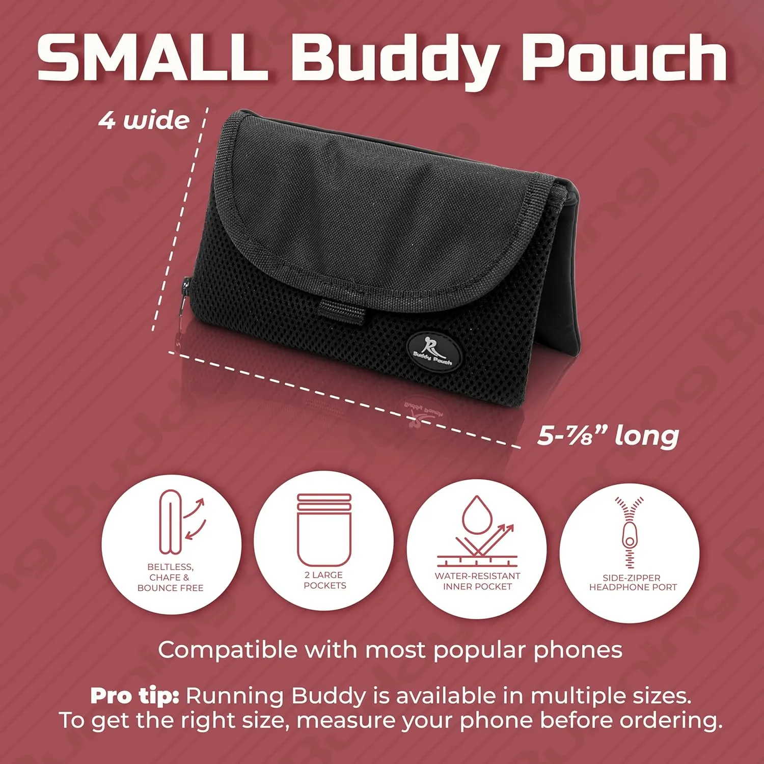 Running Buddy Magnetic Buddy Pouch, Beltess, Chafe and Bounce Free, Runners Fanny Pack, Phone Holder, Great for Running, Walking, Traveling & More, For Men & Women - 5-7/8" L x 4" W - Black and Pink