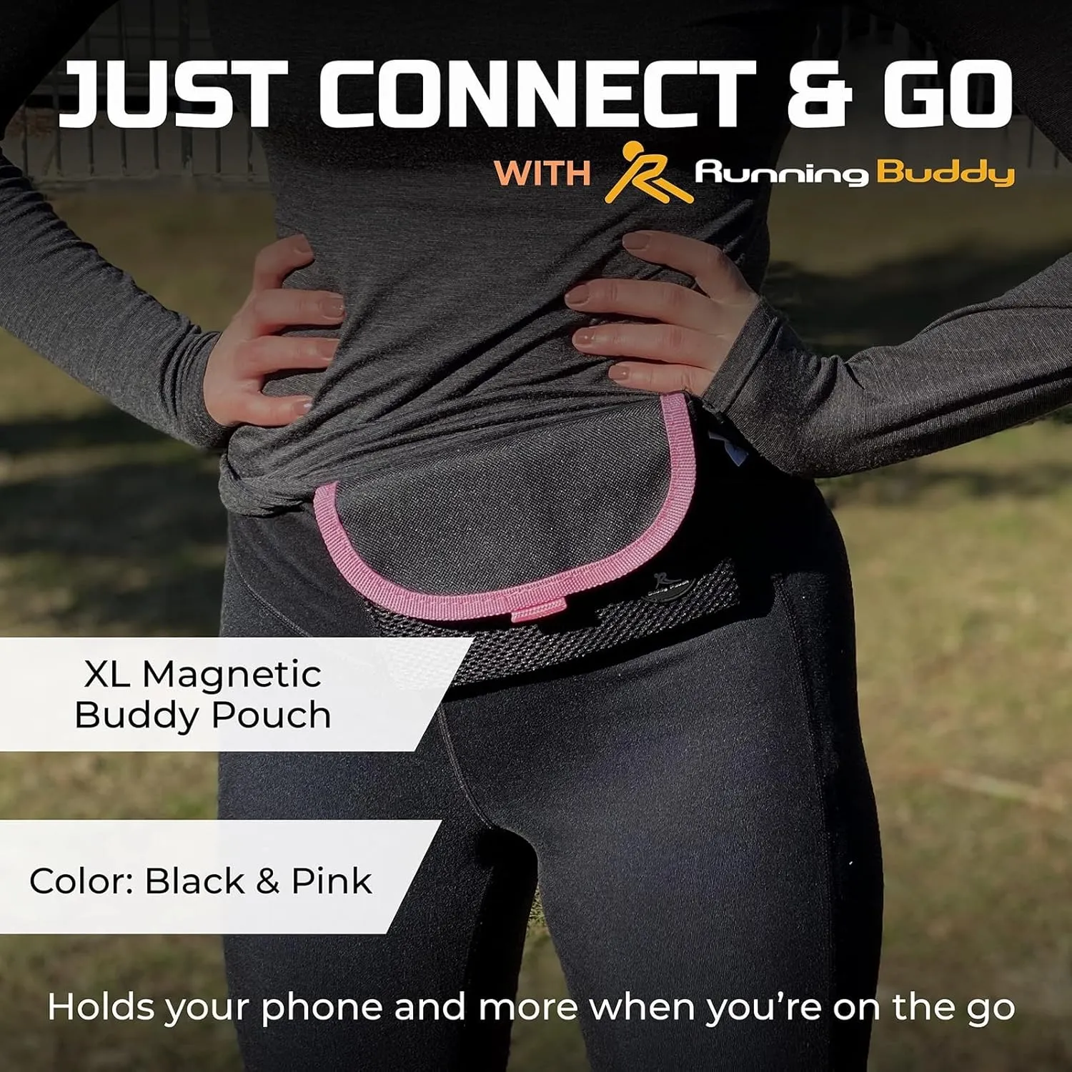 Running Buddy Magnetic Buddy Pouch, Beltess, Chafe and Bounce Free, Runners Fanny Pack, Phone Holder, Great for Running, Walking, Traveling & More, For Men & Women - 6-3/4 L x 4 W - Black and Pink