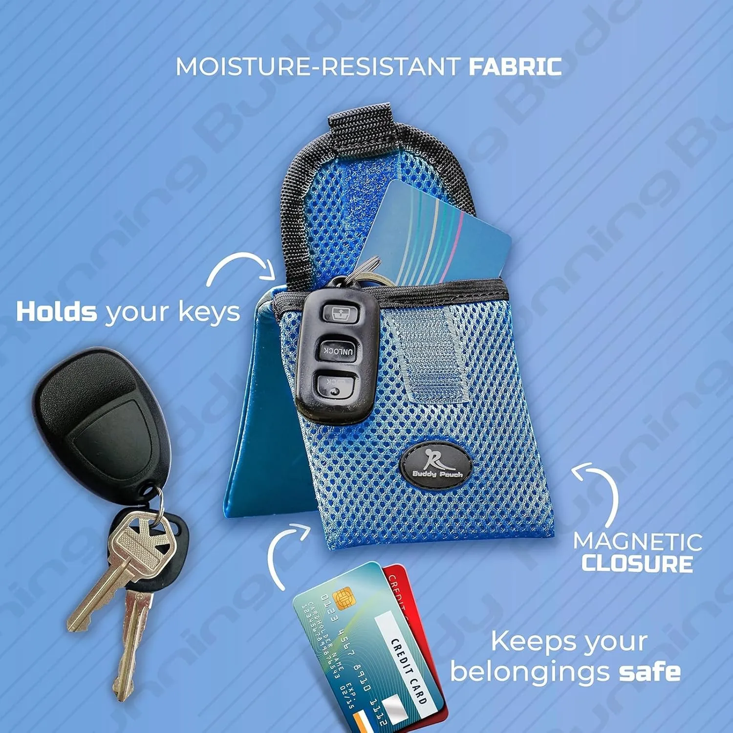 Running Buddy Magnetic Buddy Pouch - Mini | Beltless, Chafe & Bounce Free | Water-Resistant & Magnetic Closure | For Running, Walking, Traveling & More | For Men & Women | 3-3/4 Long x 4 Wide | Blue