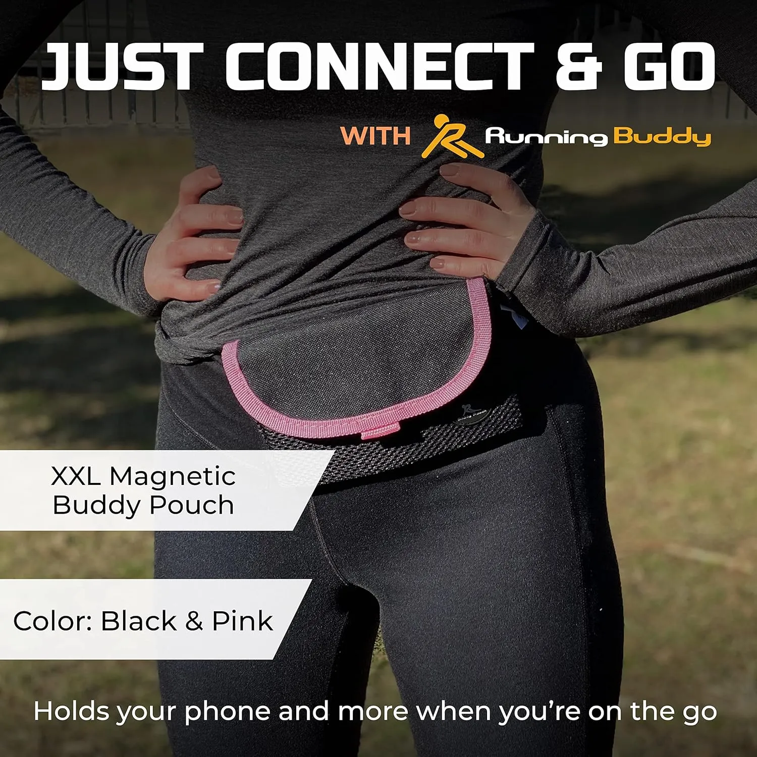 Running Buddy Unisex Running Fanny Pack - Men & Women | Walking, Traveling Waist Pack | Beltess, Chafe & Bounce Free | Water-Resistant & Magnetic Closure | L, XL, XXL | Black or Black & Pink