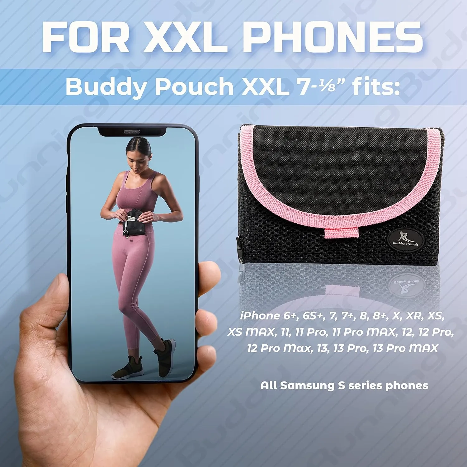 Running Buddy Unisex Running Fanny Pack - Men & Women | Walking, Traveling Waist Pack | Beltess, Chafe & Bounce Free | Water-Resistant & Magnetic Closure | L, XL, XXL | Black or Black & Pink