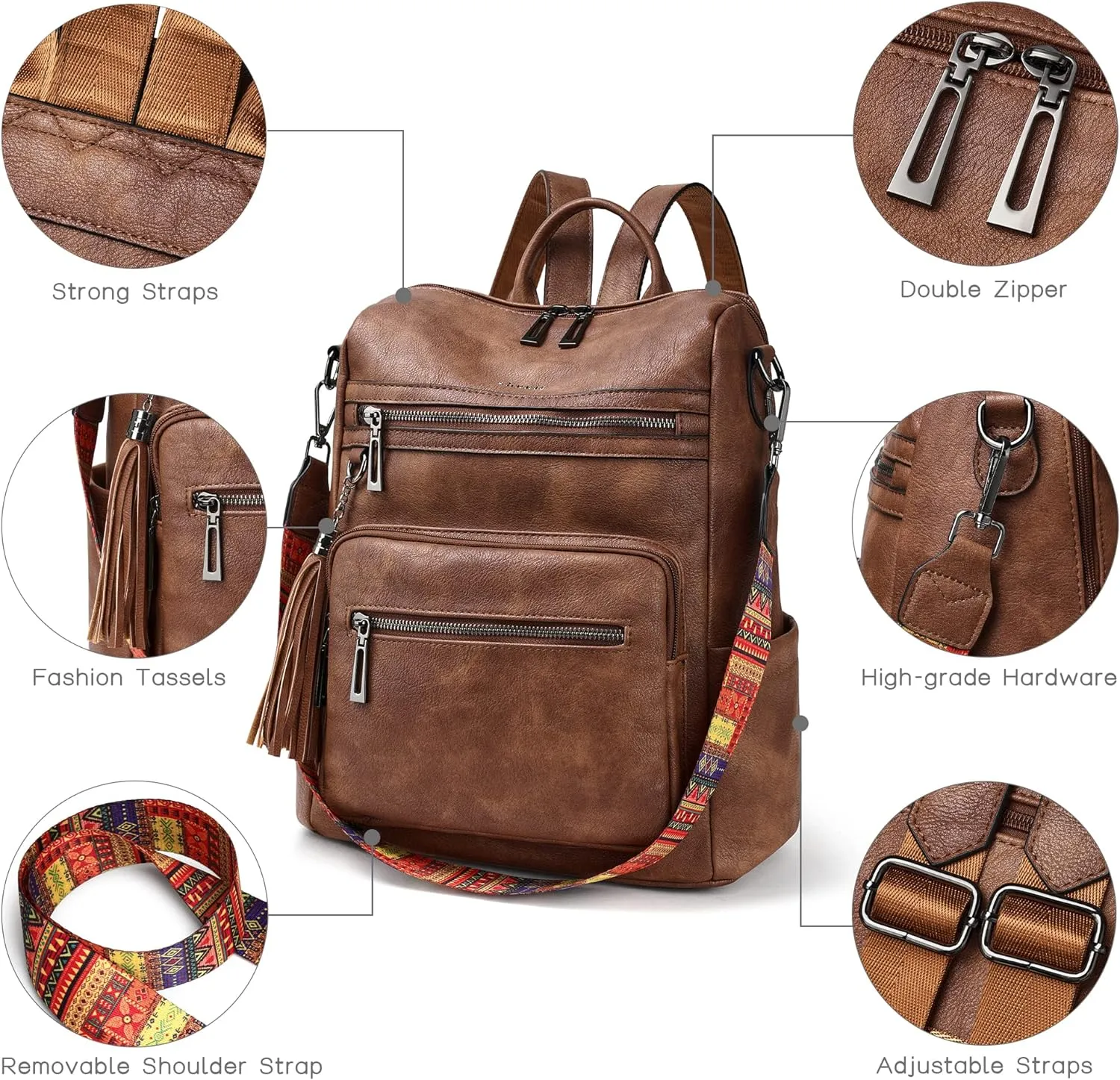 Shrrie Backpack Purse for Women Leather Backpack Fashion Designer Travel Backpack Convertible Shoulder Bag