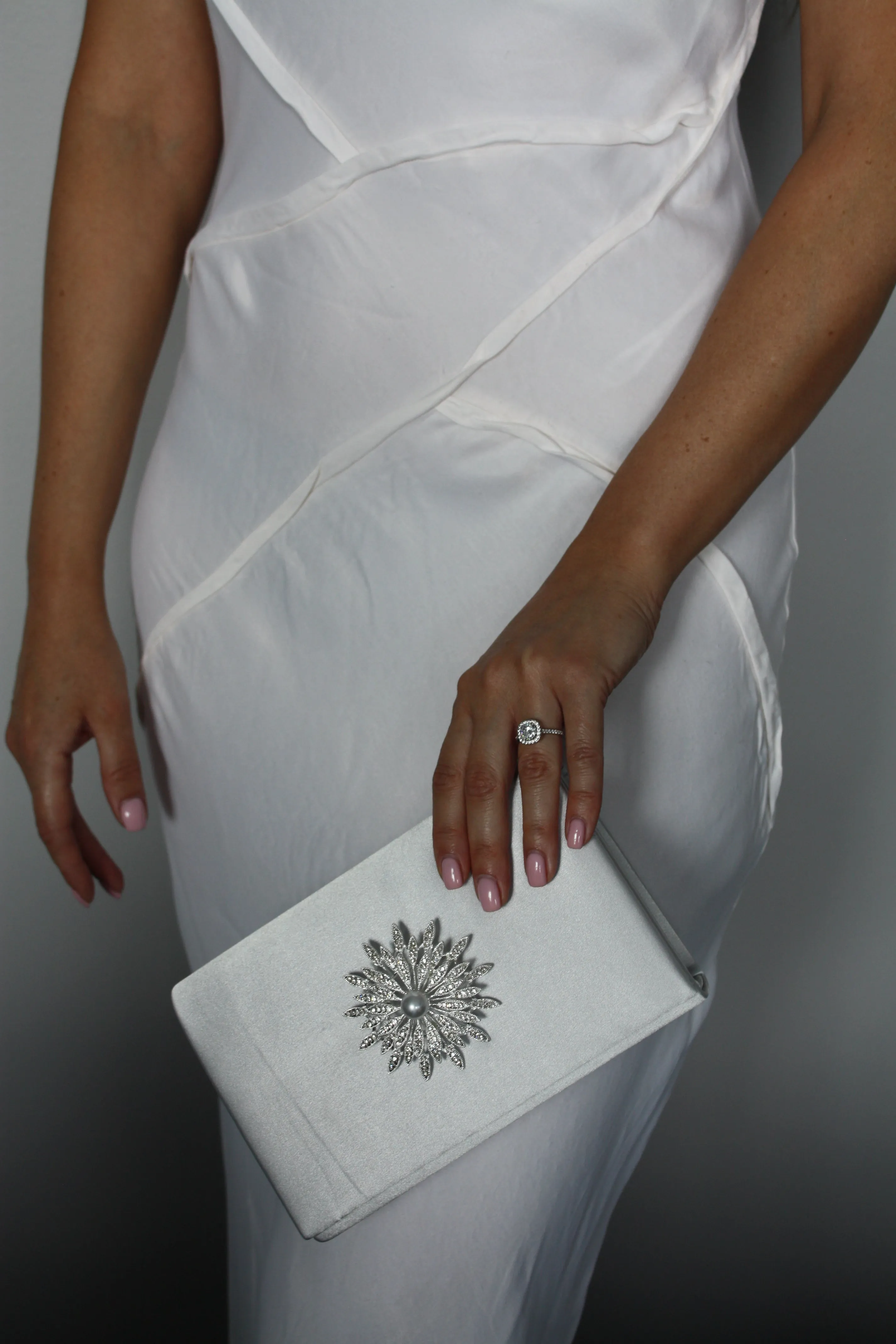 Silver Satin Crystal Clutch