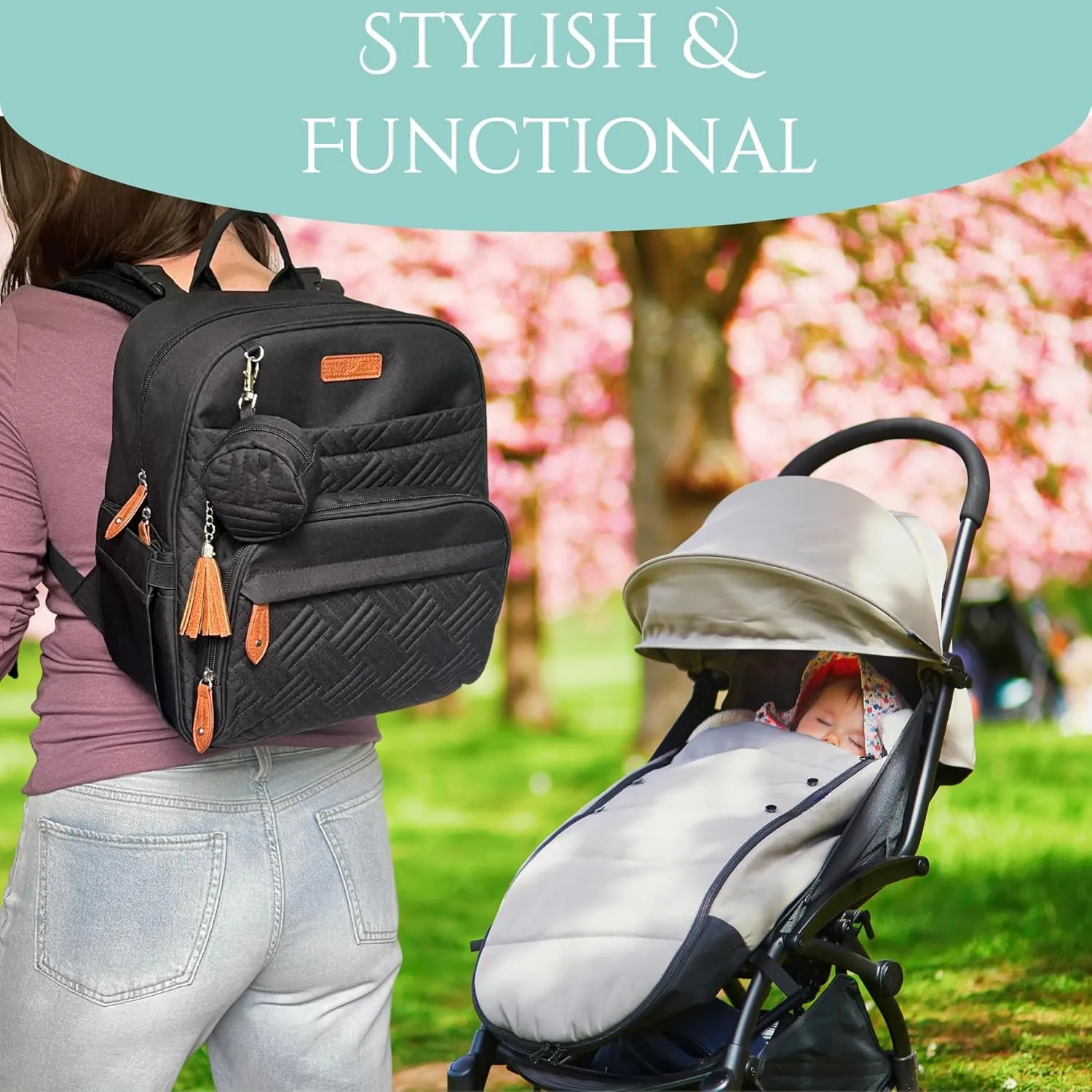 Small Diaper Bag Backpack, Compact Diaper Bag, Lightweight Quilted, Insulated Pockets, Changing Pad, Stroller Straps (Classic, Black)