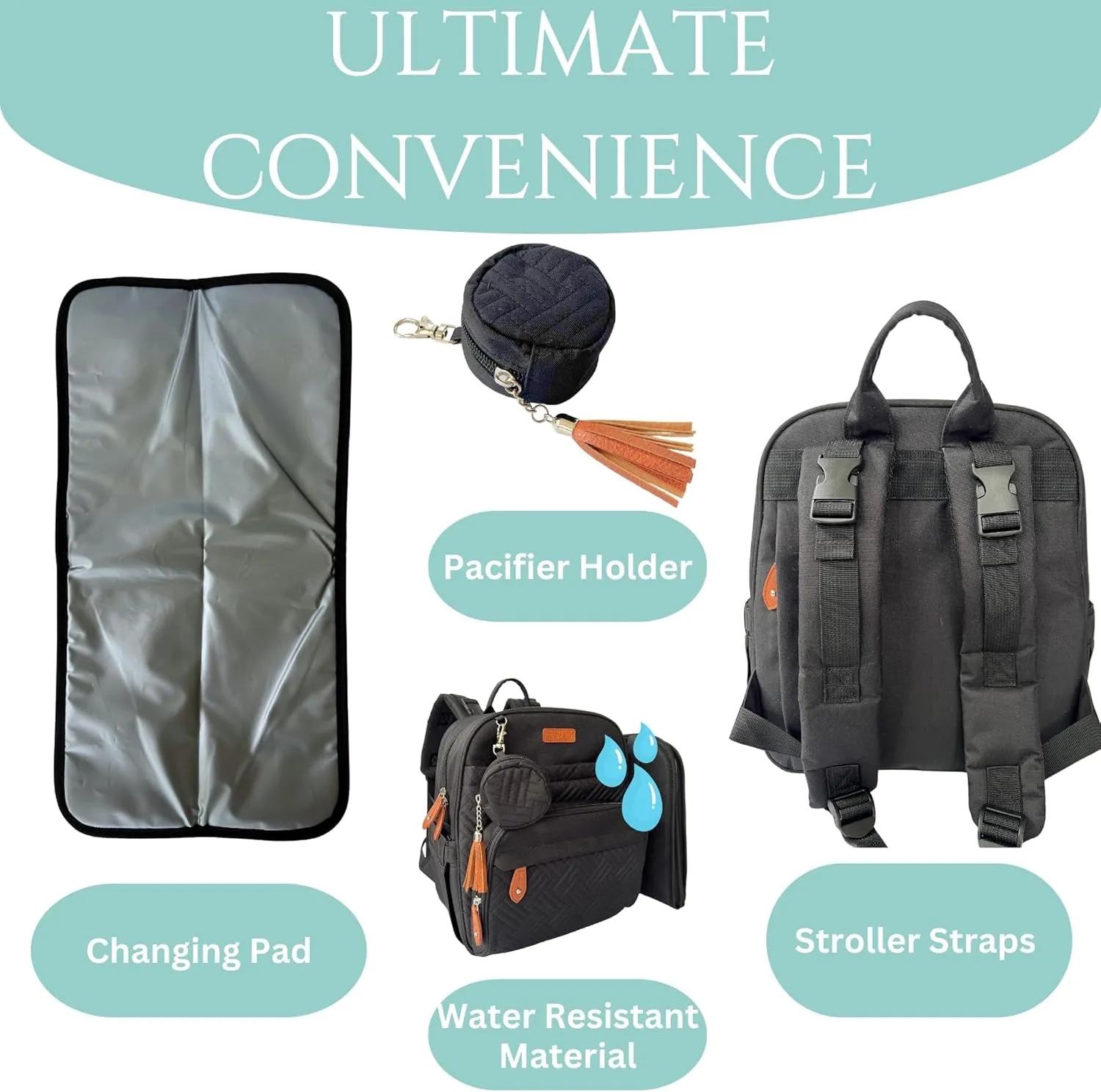 Small Diaper Bag Backpack, Compact Diaper Bag, Lightweight Quilted, Insulated Pockets, Changing Pad, Stroller Straps (Classic, Black)