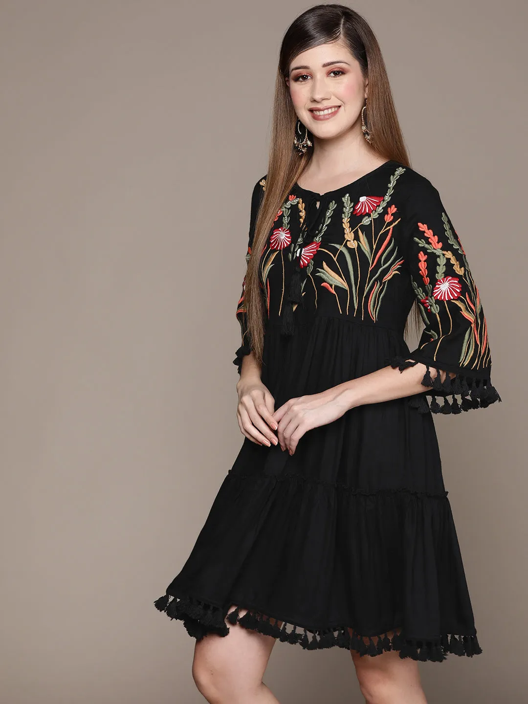 Summery Cotton Black Floral Embroidered  Tiered  Dress with Tie-Up Neck