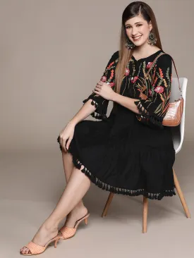 Summery Cotton Black Floral Embroidered  Tiered  Dress with Tie-Up Neck
