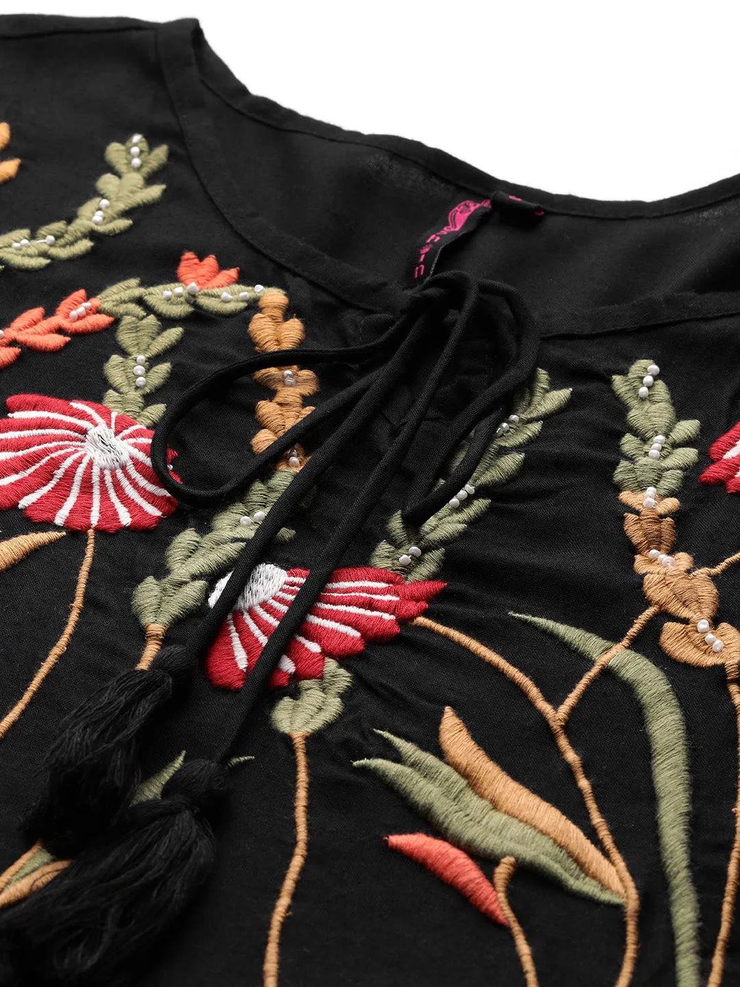 Summery Cotton Black Floral Embroidered  Tiered  Dress with Tie-Up Neck