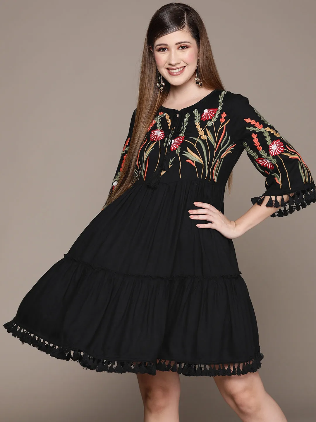 Summery Cotton Black Floral Embroidered  Tiered  Dress with Tie-Up Neck