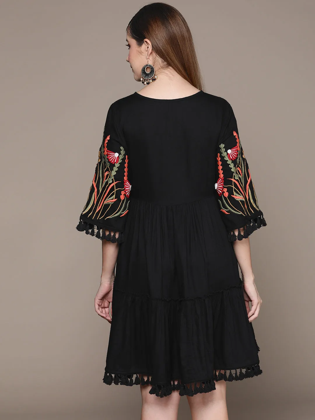 Summery Cotton Black Floral Embroidered  Tiered  Dress with Tie-Up Neck