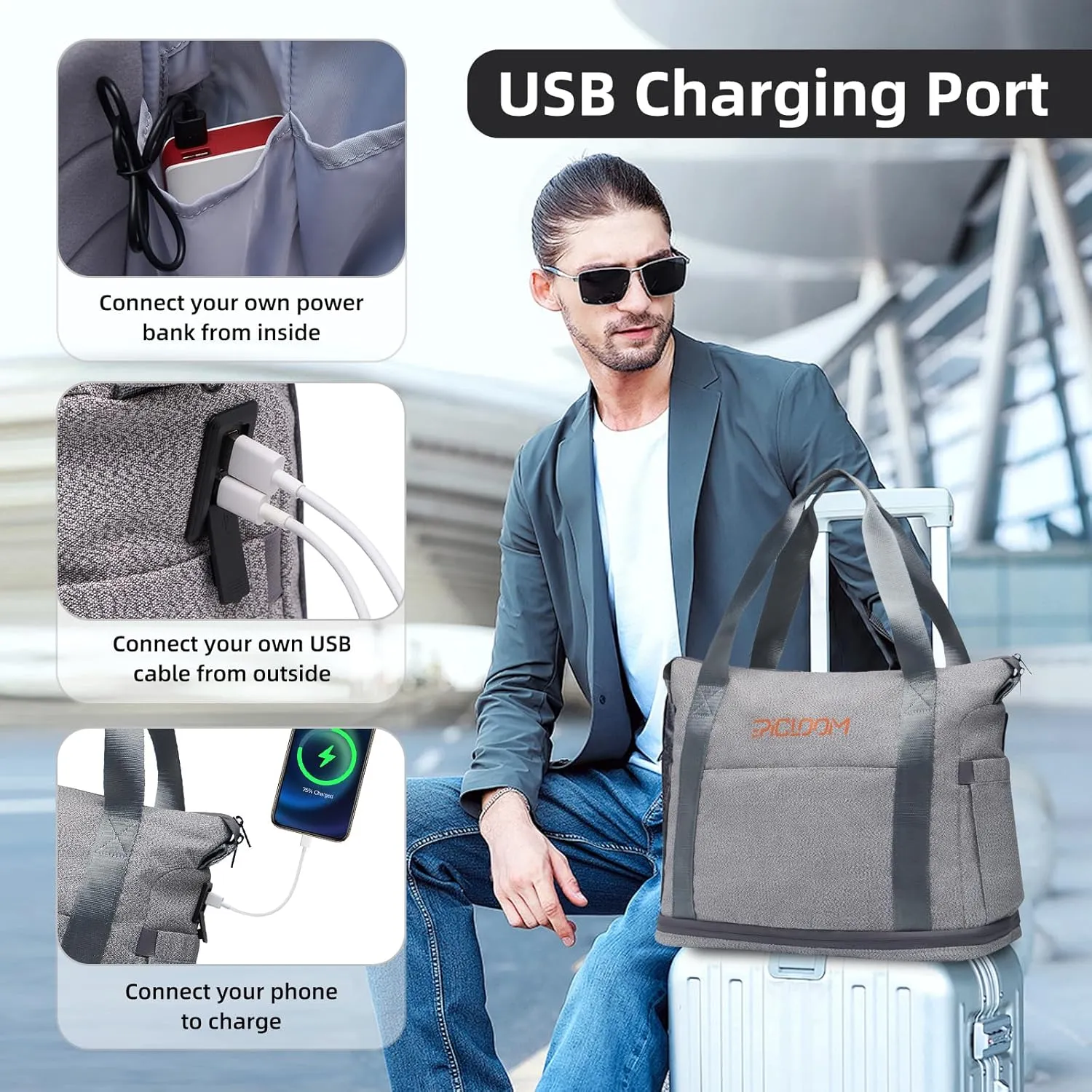 Tote Bag for Men, Travel Duffel Bag for Women with 15.6" Laptop Compartment for Work, Overnight Weekend Bag with USB