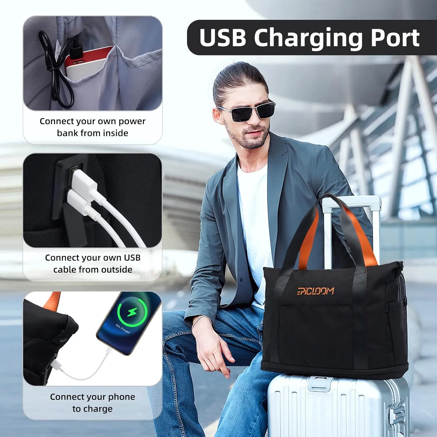 Tote Bag for Men, Travel Duffel Bag for Women with 15.6" Laptop Compartment for Work, Overnight Weekend Bag with USB