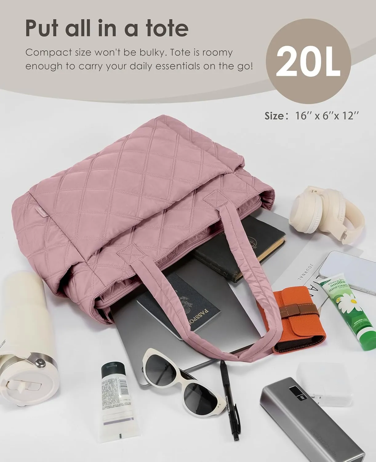 Tote Bag for Women, Lightweight Puffer Tote Work Bags with Compartments for Travel, Quilted Shoulder Bag with Zipper