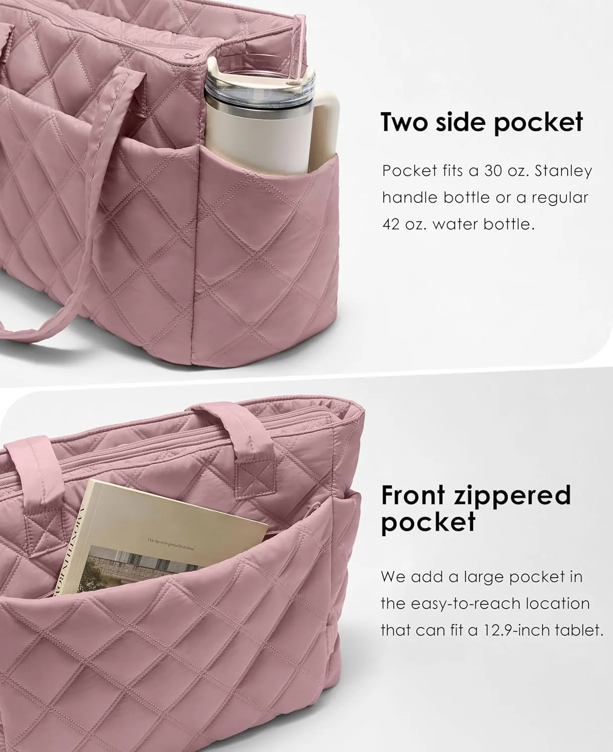 Tote Bag for Women, Lightweight Puffer Tote Work Bags with Compartments for Travel, Quilted Shoulder Bag with Zipper