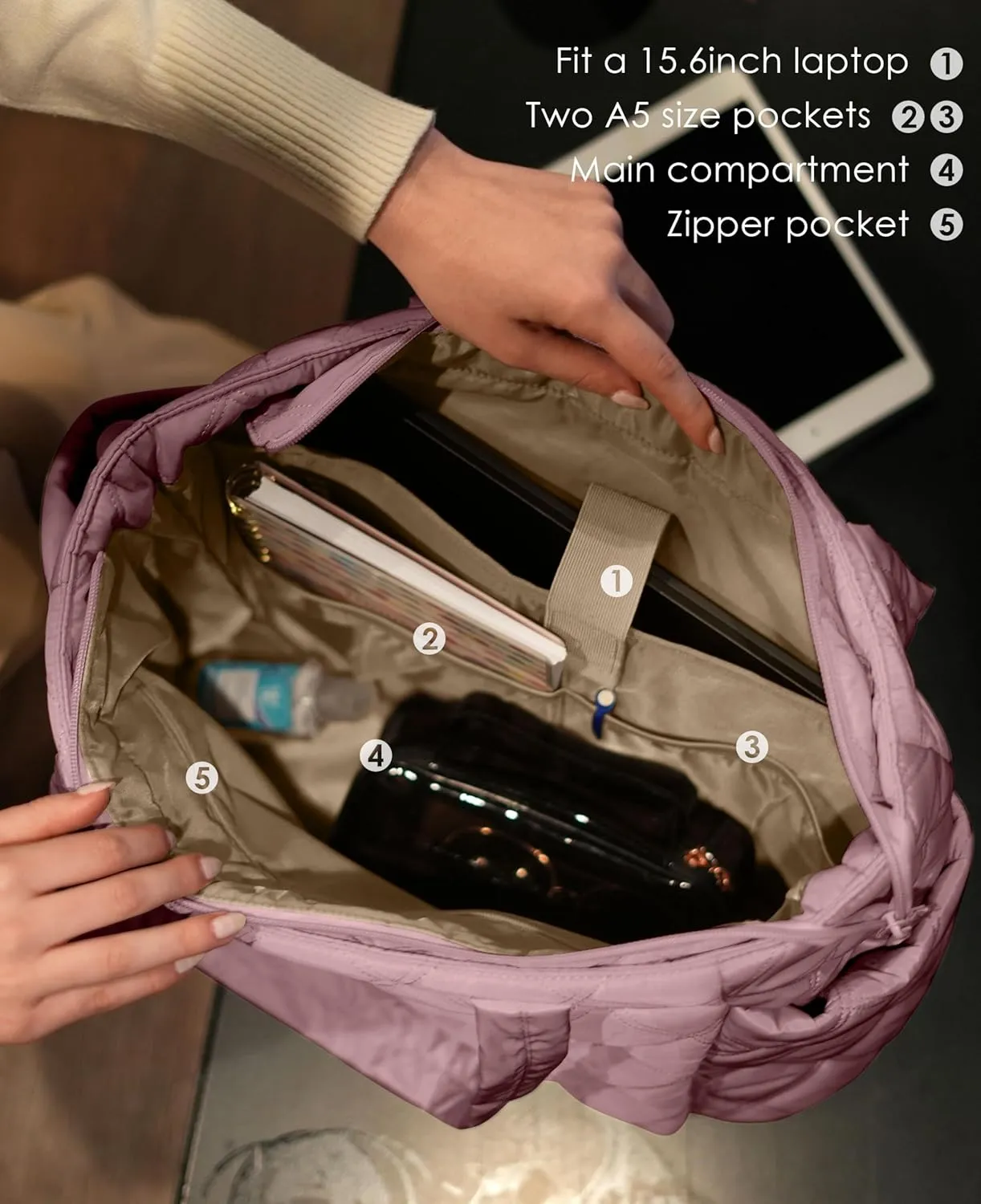 Tote Bag for Women, Lightweight Puffer Tote Work Bags with Compartments for Travel, Quilted Shoulder Bag with Zipper