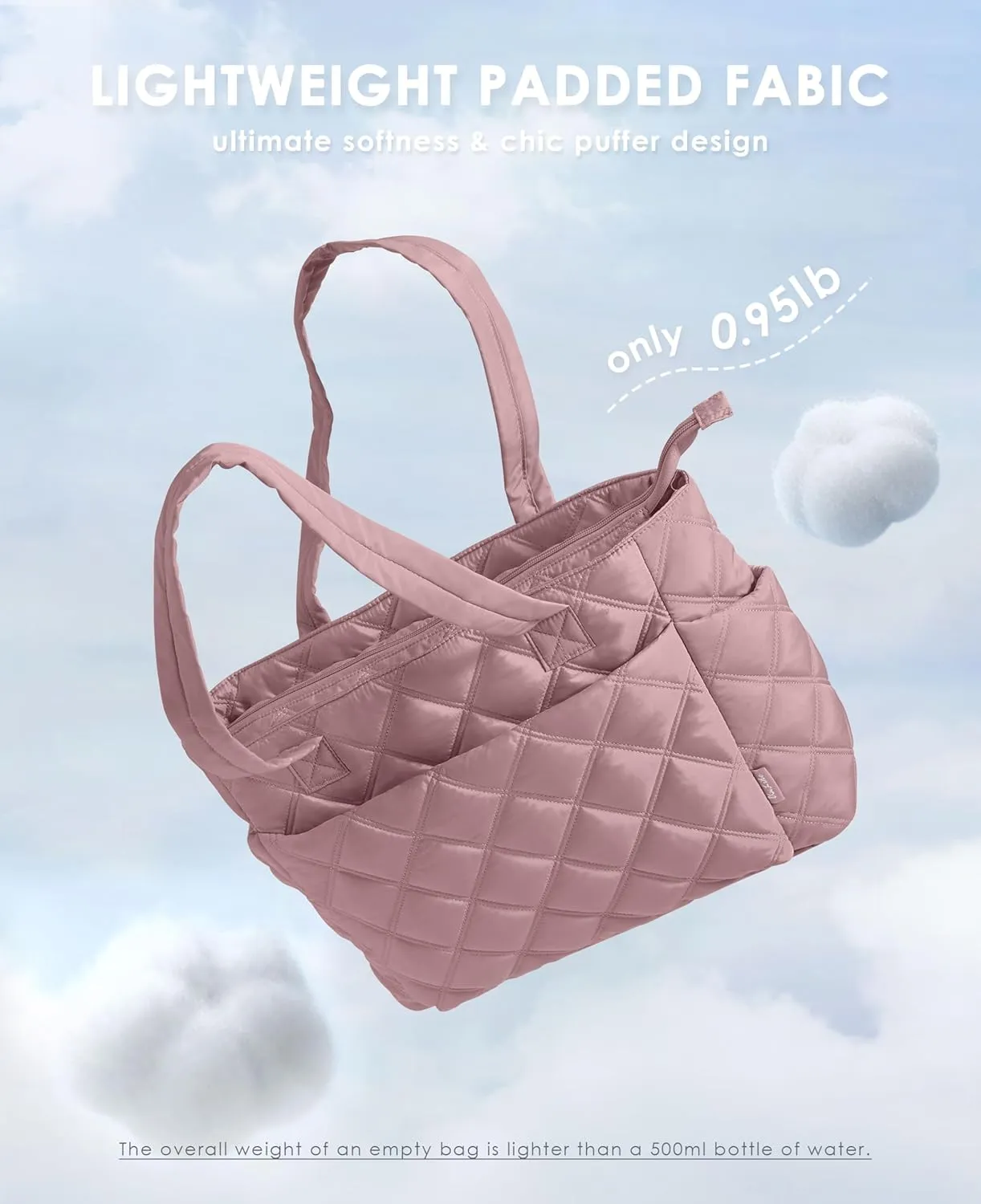 Tote Bag for Women, Lightweight Puffer Tote Work Bags with Compartments for Travel, Quilted Shoulder Bag with Zipper
