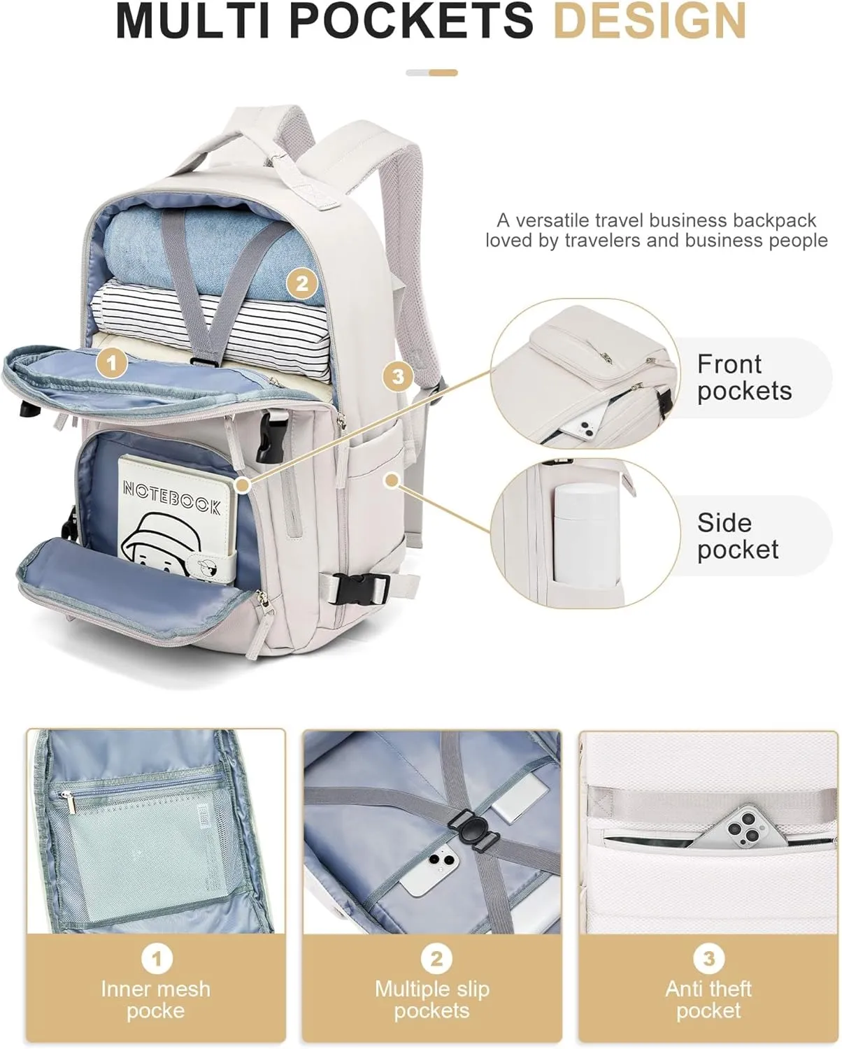 Travel Backpack for Women Men, Waterproof Carry on Backpack for Flight Approved Personal Item Bag, Business Laptop Backpack with USB Charging for Hiking Gym with Shoe Compartment Casual Daypack White