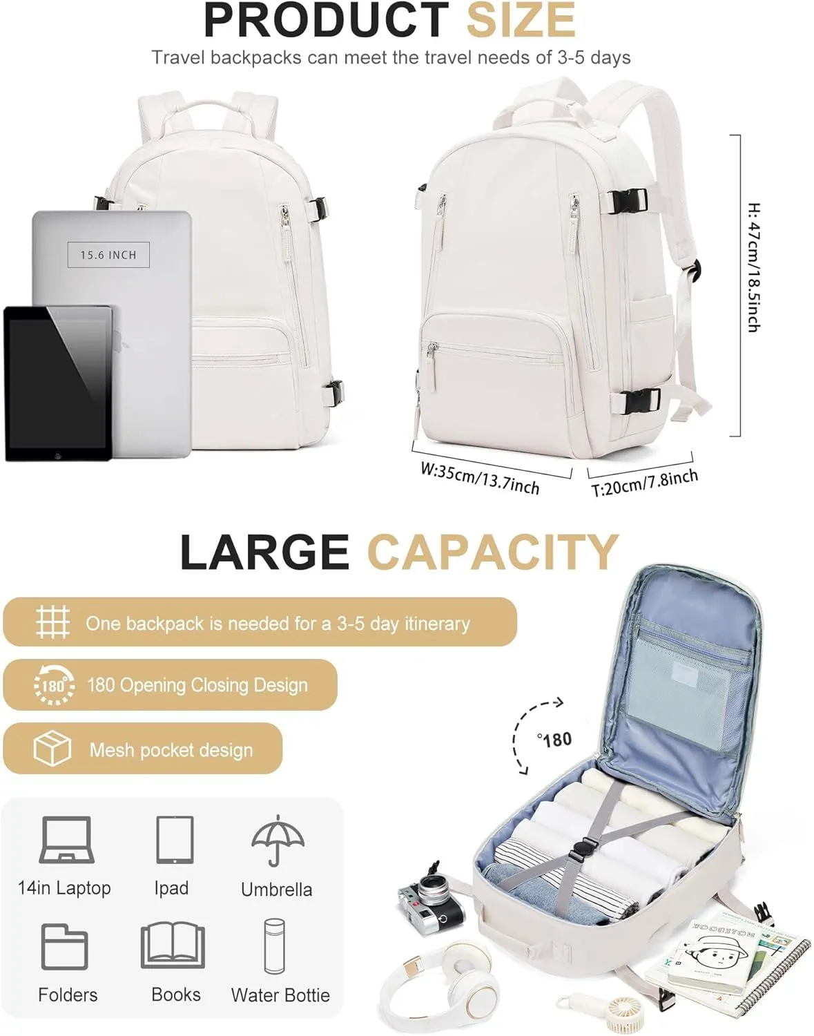 Travel Backpack for Women Men, Waterproof Carry on Backpack for Flight Approved Personal Item Bag, Business Laptop Backpack with USB Charging for Hiking Gym with Shoe Compartment Casual Daypack White
