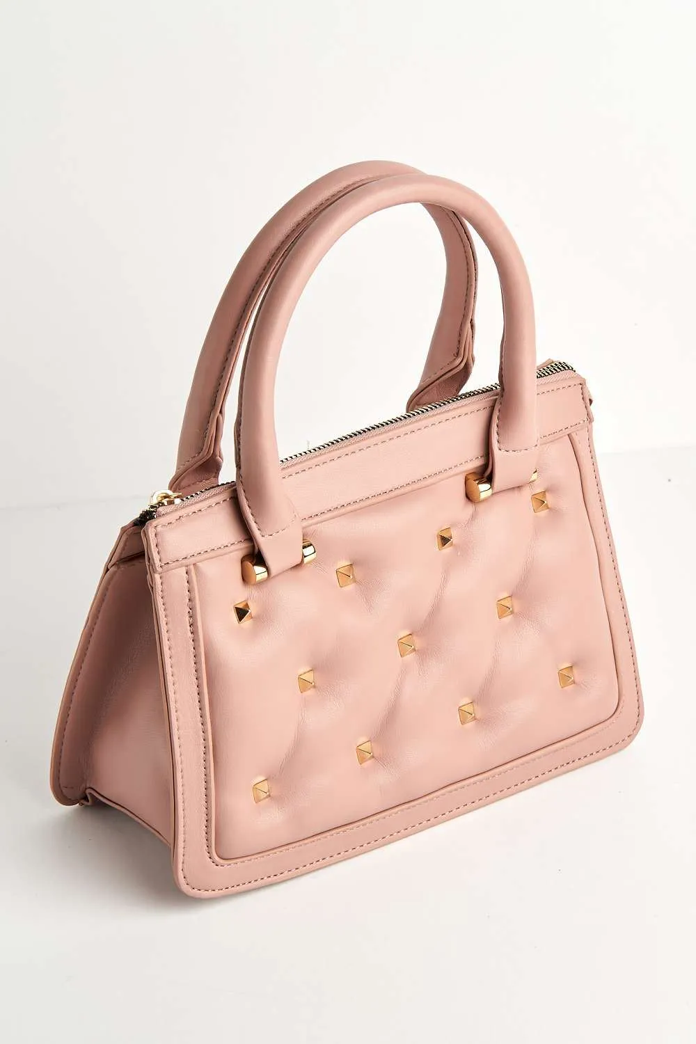 Varia Stud Detail Quilted Top Handle Mini Bag in Nude