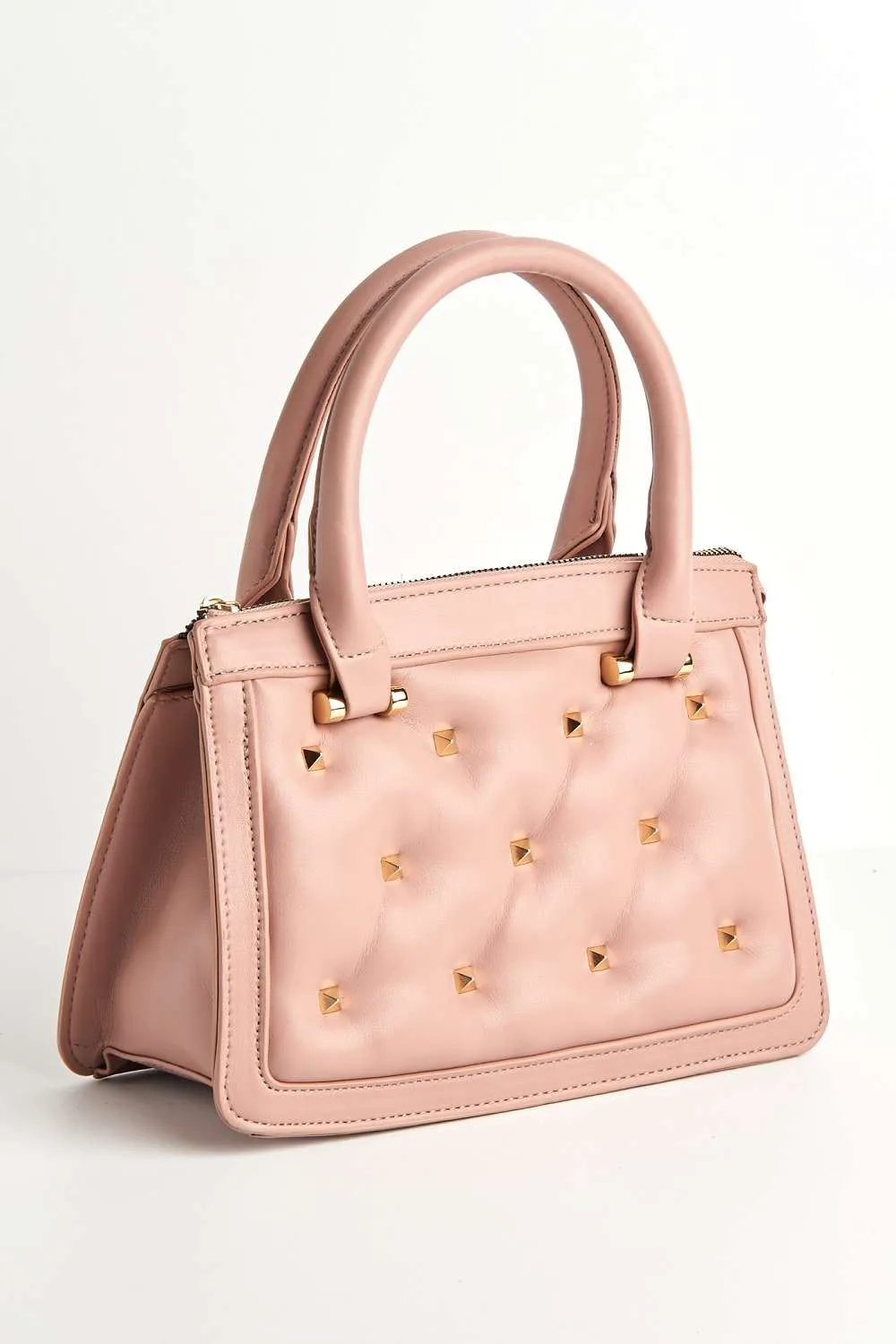 Varia Stud Detail Quilted Top Handle Mini Bag in Nude