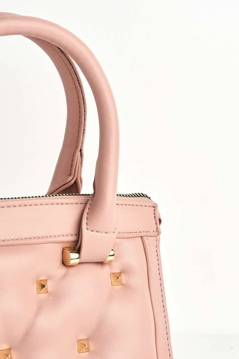 Varia Stud Detail Quilted Top Handle Mini Bag in Nude