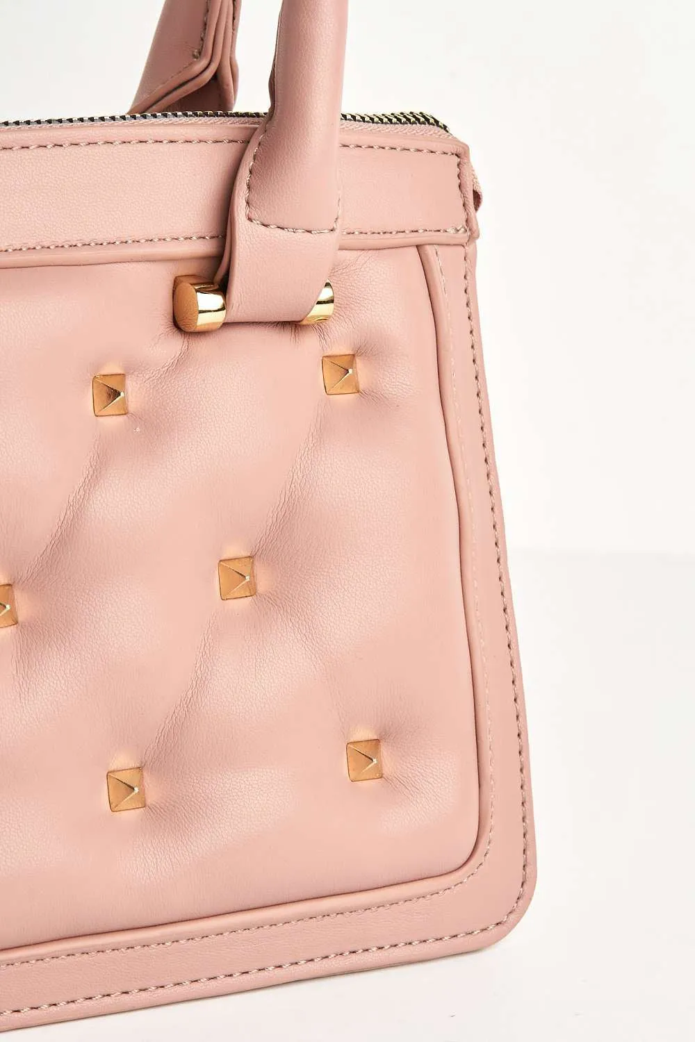 Varia Stud Detail Quilted Top Handle Mini Bag in Nude